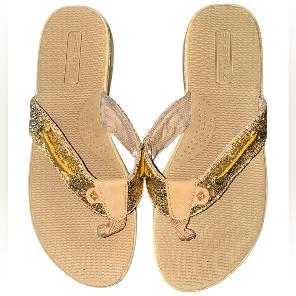 Sperry Women's Tan and Gold Glitter Seafish Sandals Flip Flops 6